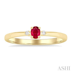 4x3 MM Oval Shape Ruby and 1/50 Ctw Petite Round Cut Diamond Fashion Ring in 10K Yellow Gold