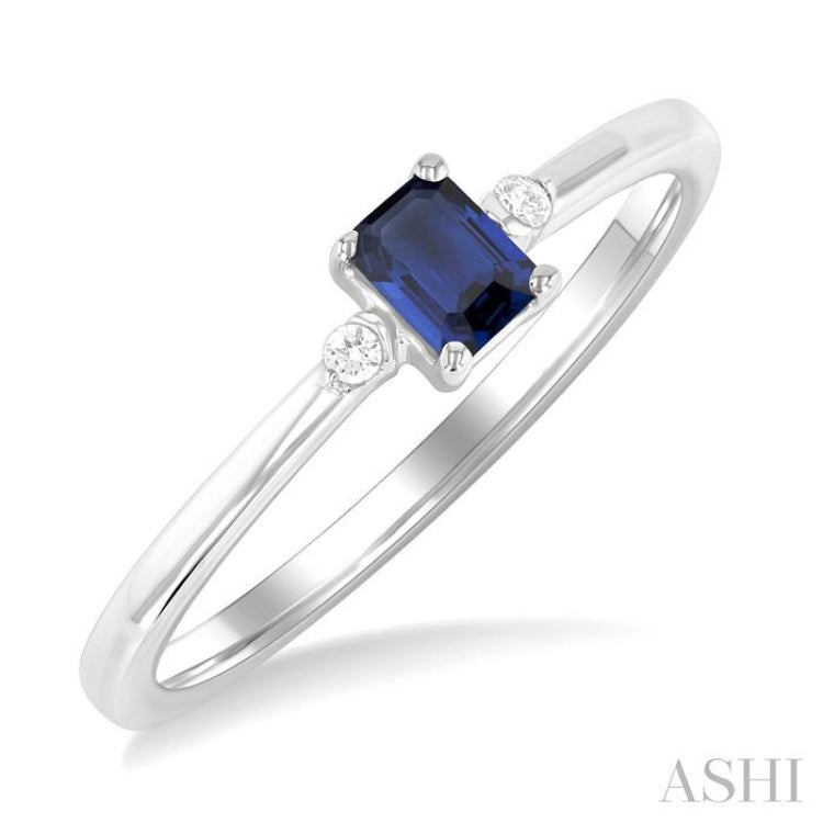 4x3 MM Octagon Shape Sapphire and 1/50 Ctw Petite Round Cut Diamond Fashion Ring in 10K White Gold