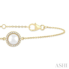 6 MM Round Shape Cultured Pearl and 1/20 Ctw Round Cut Diamond Petite Halo Bracelet in 10K Yellow Gold