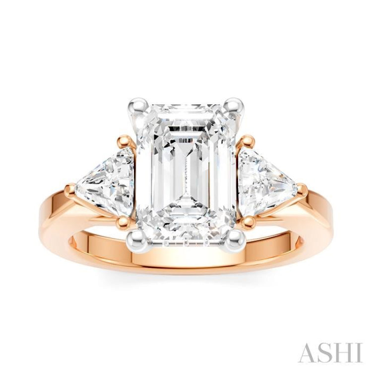 1/2 Ctw Emerald Shape Trillion and Round Cut Diamond Semi-Mount Engagement Ring in 14K Rose and White Gold