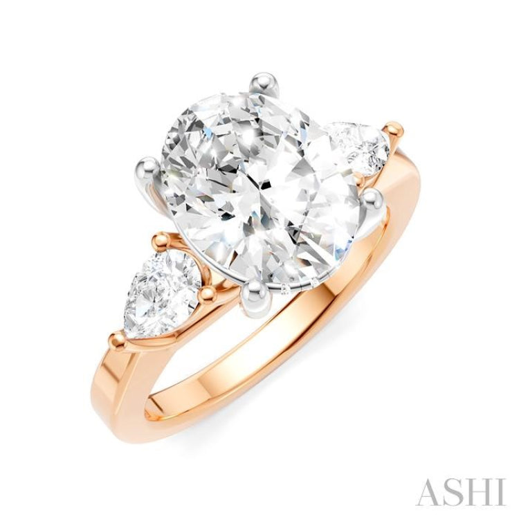 1/2 Ctw Tri-Mount Oval Shape Center Pear and Round Cut Diamond Semi-Mount Engagement Ring in 14K Rose and White Gold