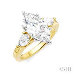 1/2 Ctw Tri-Mount Marquise Shape Center Pear and Round Cut Diamond Semi-Mount Engagement Ring in 14K Yellow and White Gold