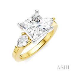 1/2 Ctw Tri-Mount Princess Shape Center Pear and Round Cut Diamond Semi-Mount Engagement Ring in 14K Yellow and White Gold