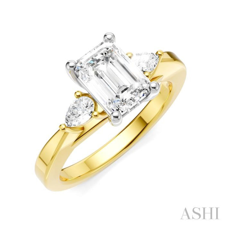 1/4 Ctw Tri-Mount Emerald Shape Center Pear and Round Cut Diamond Semi-Mount Engagement Ring in 14K Yellow and White Gold