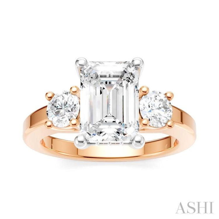 1/2 Ctw Tri-Mount Emerald Shape Center Round Cut Diamond Semi-Mount Engagement Ring in 14K Rose and White Gold