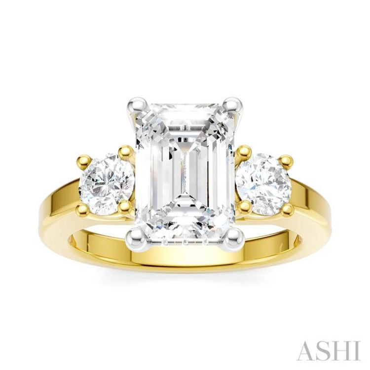 1/2 Ctw Tri-Mount Emerald Shape Center Round Cut Diamond Semi-Mount Engagement Ring in 14K Yellow and White Gold