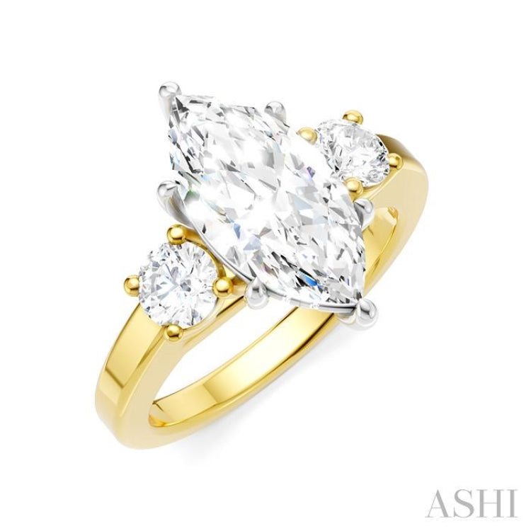 1/2 Ctw Tri-Mount Marquise Shape Center Round Cut Diamond Semi-Mount Engagement Ring in 14K Yellow and White Gold