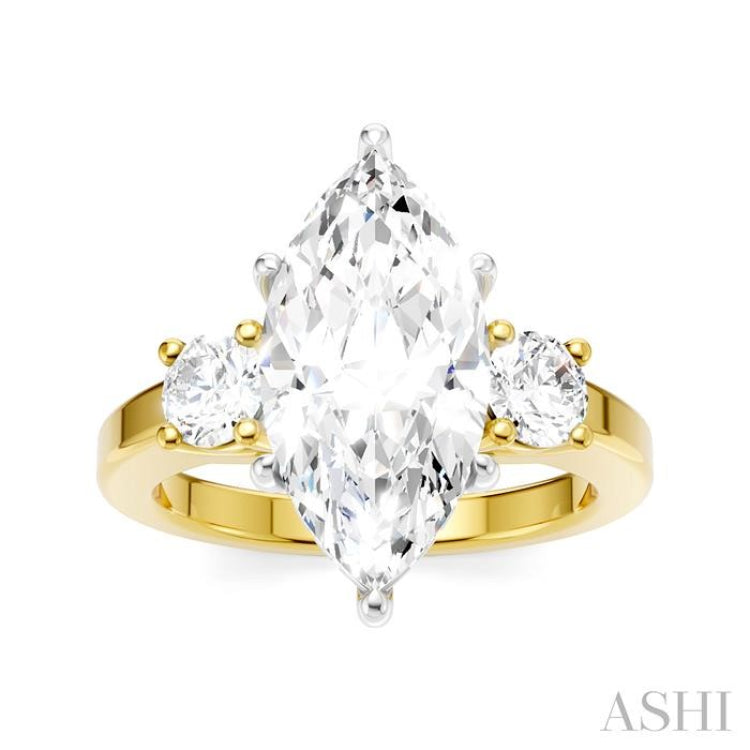 1/2 Ctw Tri-Mount Marquise Shape Center Round Cut Diamond Semi-Mount Engagement Ring in 14K Yellow and White Gold