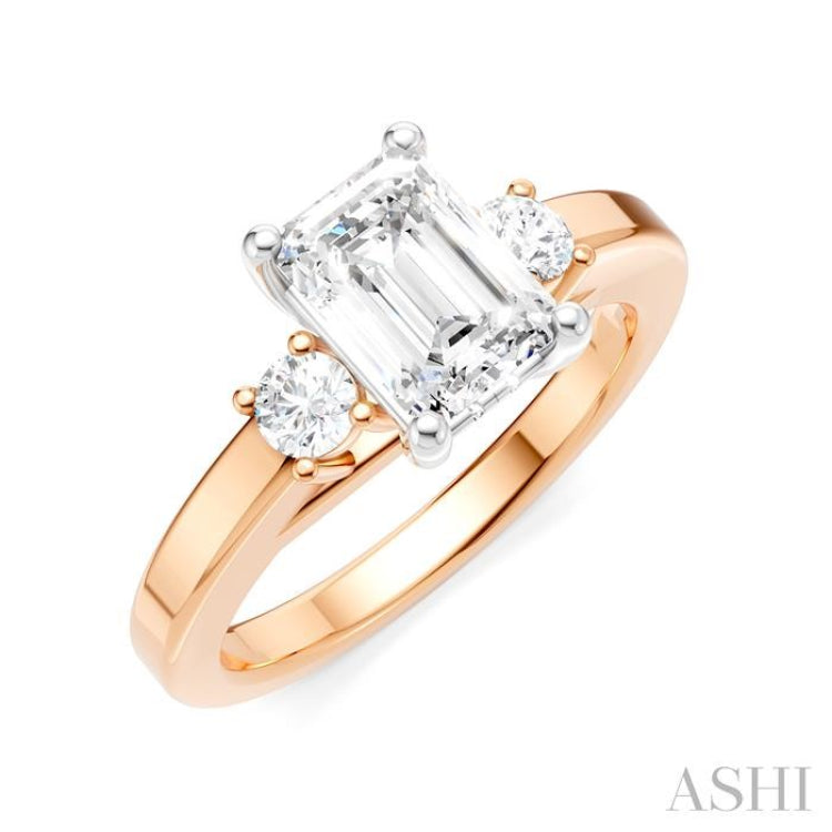 1/4 Ctw Tri-Mount Emerald Shape Center Round Cut Diamond Semi-Mount Engagement Ring in 14K Rose and White Gold