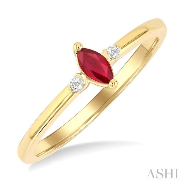 5x2.5 MM Marquise Shape Ruby and 1/50 Ctw Petite Round Cut Diamond Fashion Ring in 10K Yellow Gold