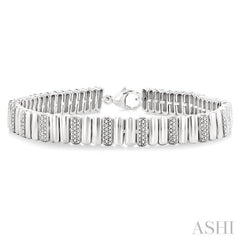 1/6 Ctw Wide Ribbed Plain Polished and Single Cut Diamond Bold Bracelet in Sterling Silver