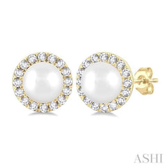 4.5 MM White Pearl and 1/8 Ctw Round Cut Diamond Halo Stud Earrings in 14K Yellow Gold
