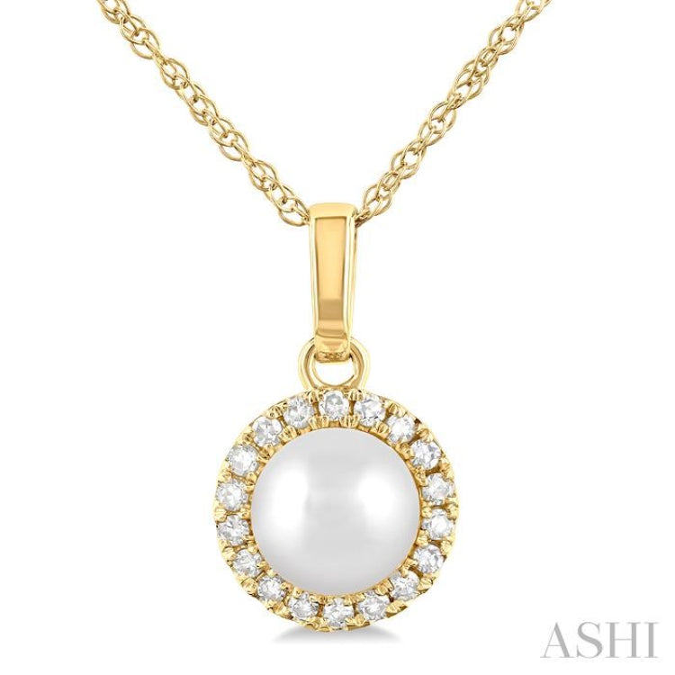 5 MM Cultured White Pearl and 1/20 Ctw Single Cut Diamond Halo Pendant With Chain in 14K Yellow Gold