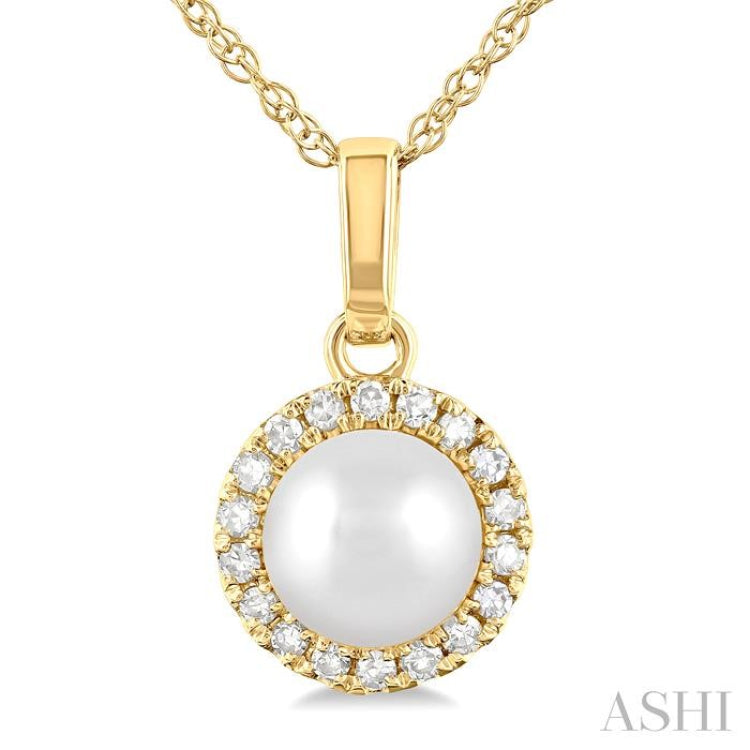 5 MM Cultured White Pearl and 1/20 Ctw Single Cut Diamond Halo Pendant With Chain in 14K Yellow Gold