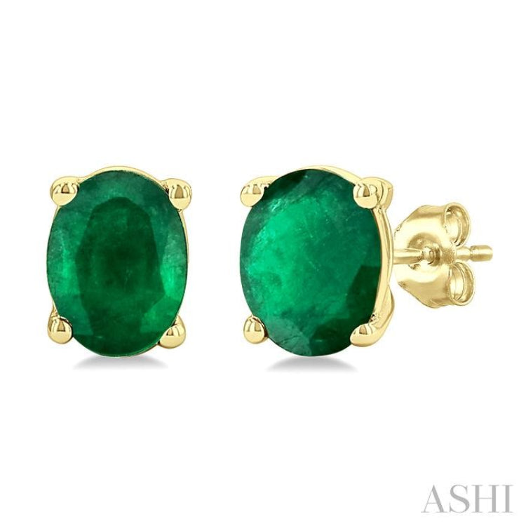 4X3 MM Oval Shape Emerald Precious Stud Earrings in 14K Yellow Gold