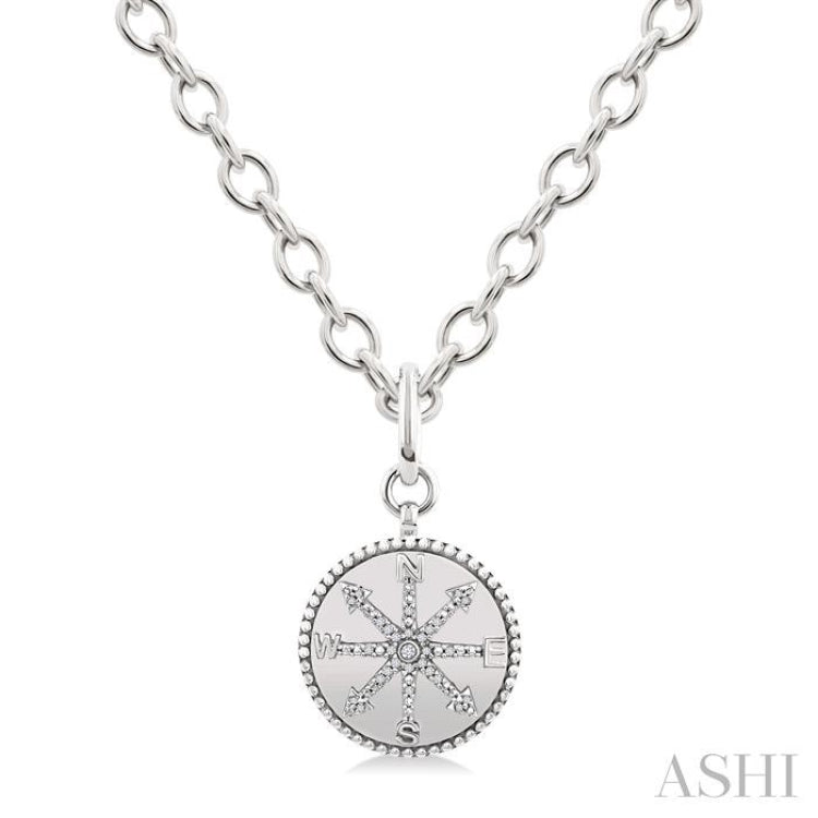 1/10 Ctw Compass medallion Single Cut Diamond Pendant With Chain in Sterling Silver