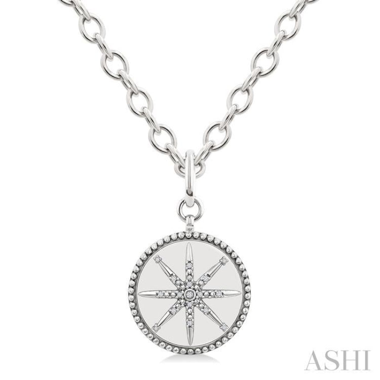 1/20 Ctw Compass medallion Single Cut Diamond Pendant With Chain in Sterling Silver