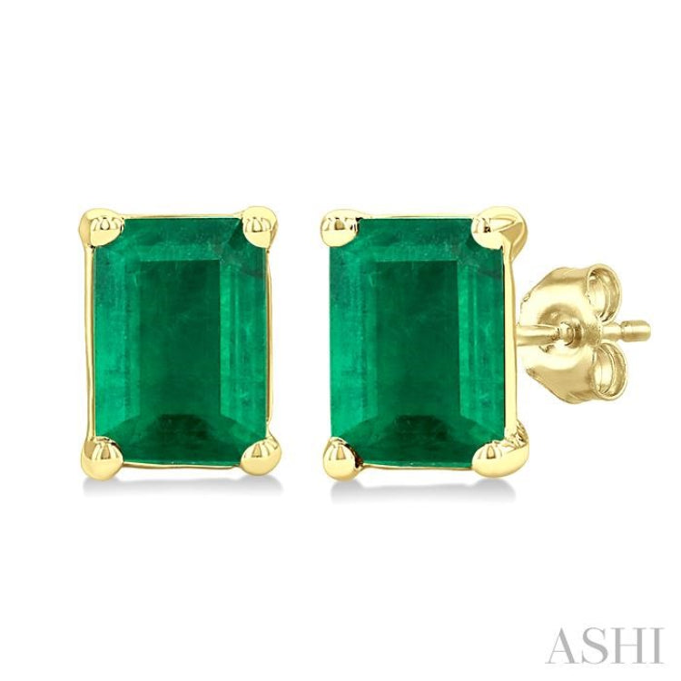 4X3 MM Octagon Shape Emerald Precious Stud Earrings in 14K Yellow Gold