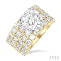 3 1/2 Ctw Wide Four Row Round Shape Semi-Mount Diamond Engagement Ring in 14K Yellow and White Gold