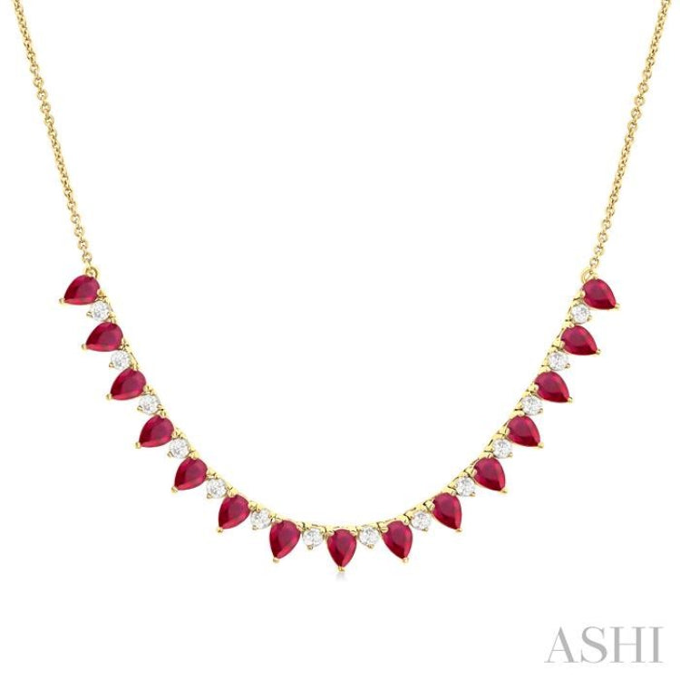 4x3 MM Pear Shape Ruby and 1/2 Ctw Round Cut Diamond Precious Tennis Necklace in 14K Yellow Gold