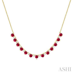 3.5 MM Round Shape Ruby and 1/2 Ctw Round Cut Diamond Precious Tennis Necklace in 14K Yellow Gold
