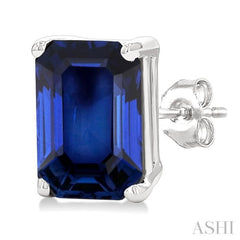 6X4 MM Octagon Shape Sapphire Precious Gemstone Stud Earrings in 14K White Gold