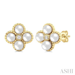 3 MM Clover Cultured Pearl and 1/50 Ctw Round Cut Diamond Fashion Earrings in 10K Yellow Gold