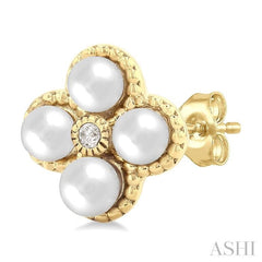 3 MM Clover Cultured Pearl and 1/50 Ctw Round Cut Diamond Fashion Earrings in 10K Yellow Gold