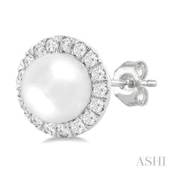 6 MM White Cultured Pearl and 1/4 Ctw Round Cut Diamond Halo Stud Earrings in 14K White Gold