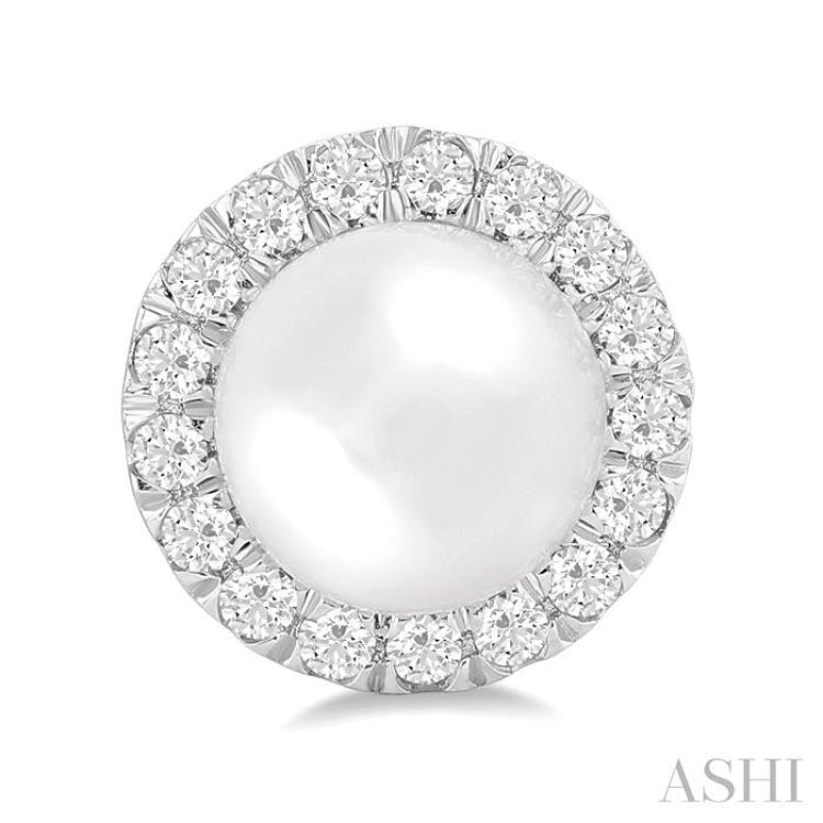 6 MM White Cultured Pearl and 1/4 Ctw Round Cut Diamond Halo Stud Earrings in 10K White Gold