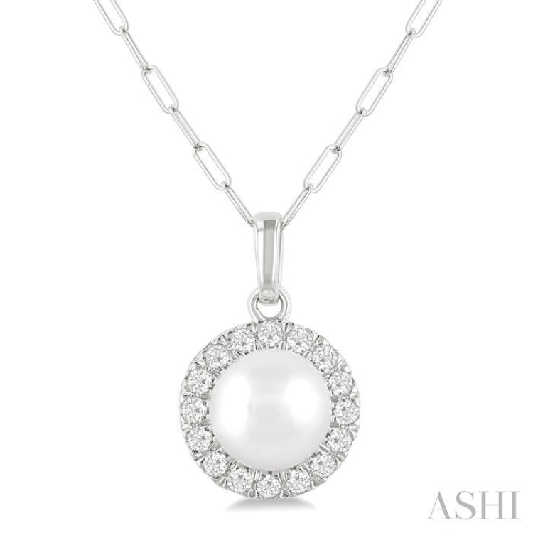 6 MM Cultured White Pearl and 1/6 Ctw Single Cut Diamond Halo Pendant With Chain in 14K White Gold