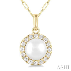 6 MM Cultured White Pearl and 1/6 Ctw Single Cut Diamond Halo Pendant With Chain in 14K Yellow Gold