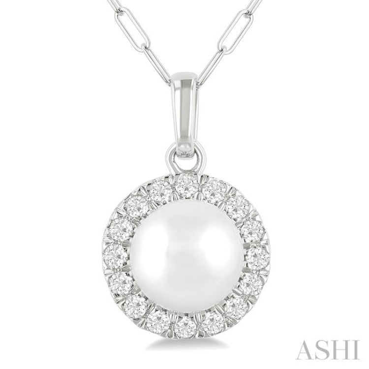 6 MM Cultured White Pearl and 1/6 Ctw Single Cut Diamond Halo Pendant With Chain in 10K White Gold