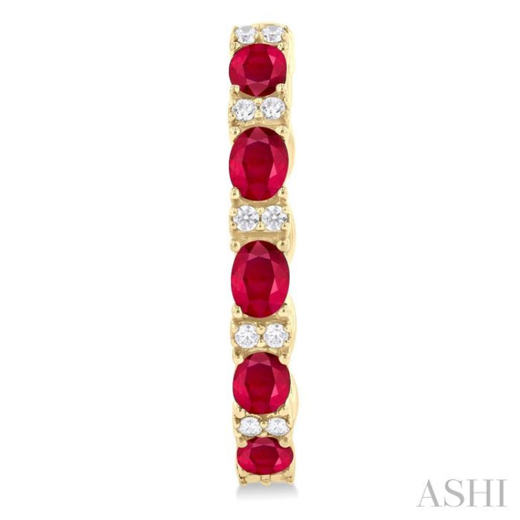 4X3 MM Oval Cut Ruby and 1/4 Ctw Round Cut Diamond Precious Hoop Earring in 14K Yellow Gold
