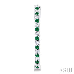 1.6 MM Round Emerald and 1/2 Ctw Round Cut Diamond Inside & Outside Alternating Precious Hoop Earrings in 14K White Gold