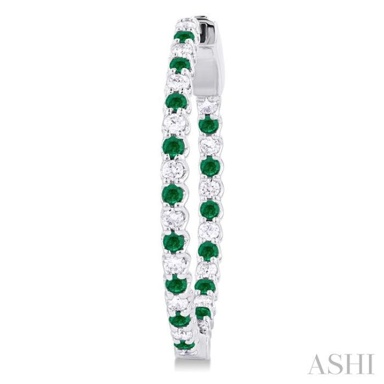 1.6 MM Round Emerald and 1/2 Ctw Round Cut Diamond Inside & Outside Alternating Precious Hoop Earrings in 14K White Gold
