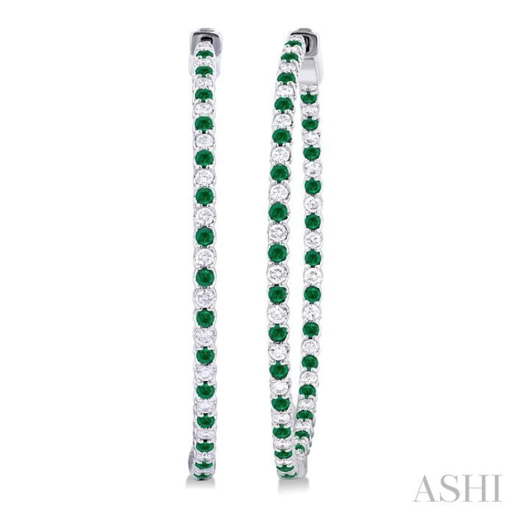1.6 MM Round Emerald and 1 Ctw Round Cut Diamond Precious Inside-Out Alternating Hoop Earrings in 14K White Gold
