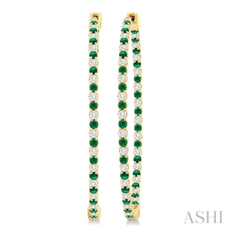 1.8 MM Emerald and Alternating 1 1/2 Ctw Round Cut Inside-Out Diamond Precious Hoop Earrings in 14K Yellow Gold