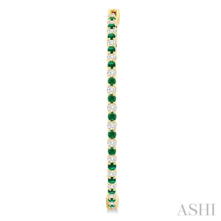 1.8 MM Emerald and Alternating 1 1/2 Ctw Round Cut Inside-Out Diamond Precious Hoop Earrings in 14K Yellow Gold