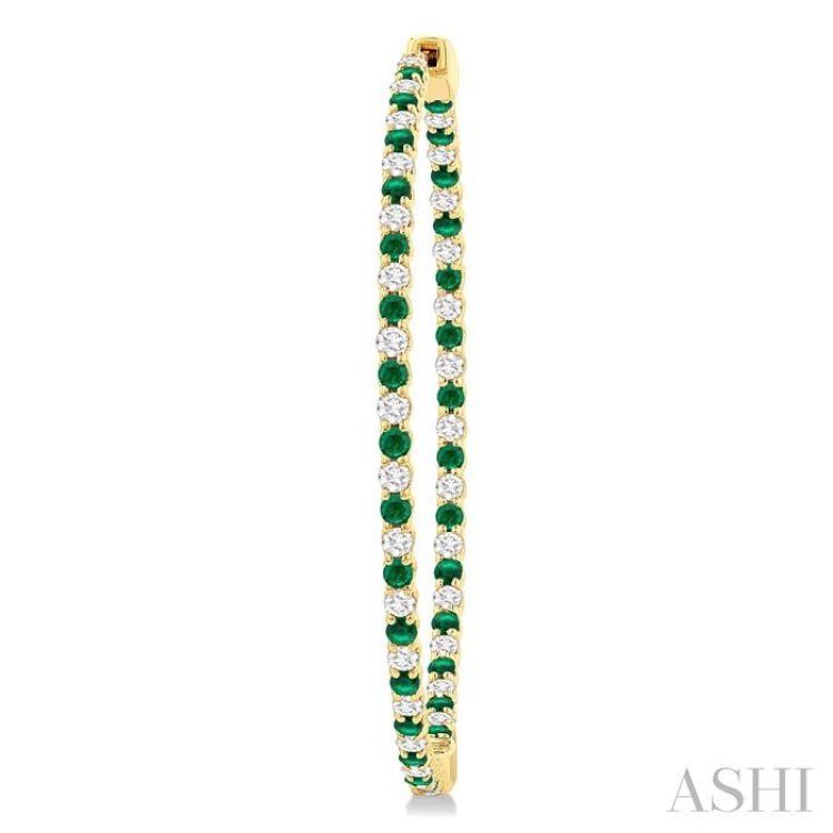 1.8 MM Emerald and Alternating 1 1/2 Ctw Round Cut Inside-Out Diamond Precious Hoop Earrings in 14K Yellow Gold