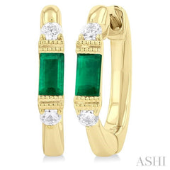 4X2 MM Baguette Cut Emerald and 1/10 Ctw Round Cut Diamond Precious Hoop Earring in 10K Yellow Gold