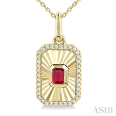 4X3 MM Octagon Shape Ruby and 1/8 Ctw Round Cut Diamond Precious Fluted Medallion Pendant in 10K Yellow Gold with Chain