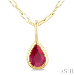 6x4 MM Bezel Set Pear Cut Ruby Precious Fashion Pendant With Paperclip Chain in 14K Yellow Gold