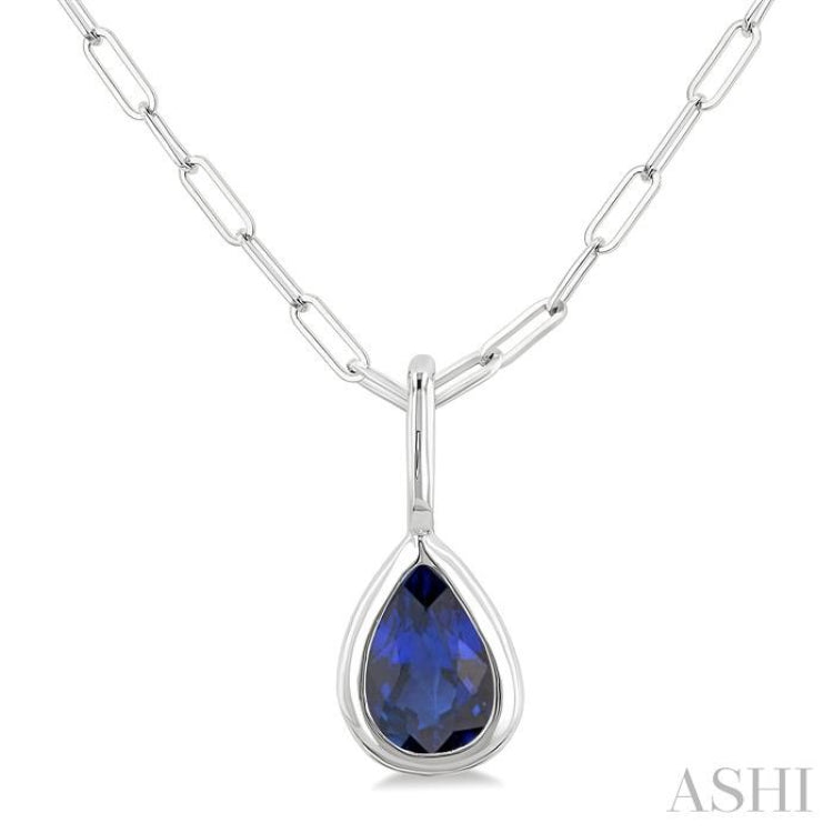 6x4 MM Bezel Set Pear Cut Sapphire Precious Fashion Pendant With Paperclip Chain in 14K White Gold