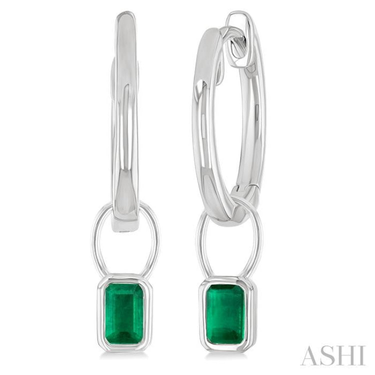 5x3 MM Bezel Set Emerald Precious Fashion Huggie Earrings in 10K White Gold