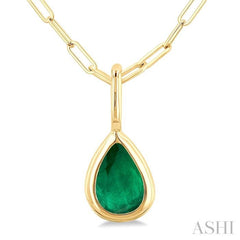 6x4 MM Bezel Set Pear Cut Emerald Precious Fashion Pendant With Paperclip Chain in 10K Yellow Gold