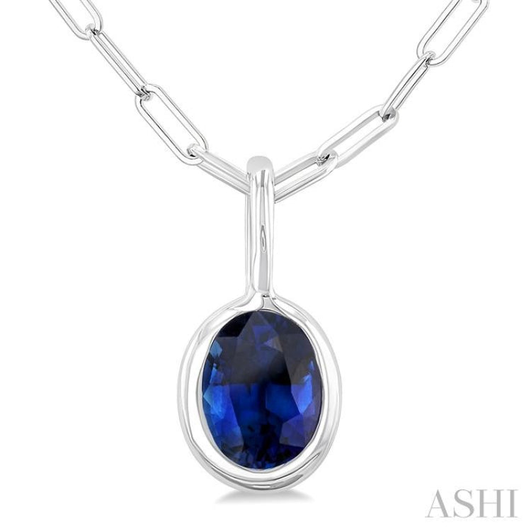 6x4 MM Bezel Set Oval Cut Sapphire Precious Fashion Pendant With Paperclip Chain in 10K White Gold