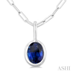 6x4 MM Bezel Set Oval Cut Sapphire Precious Fashion Pendant With Paperclip Chain in 10K White Gold