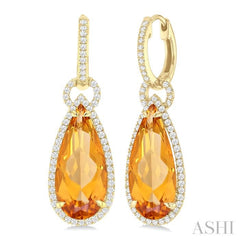18X8 MM Pear Cut Citrine and 5/8 Ctw Round Cut Diamond Halo Semi-Precious Earrings in 14K Yellow Gold