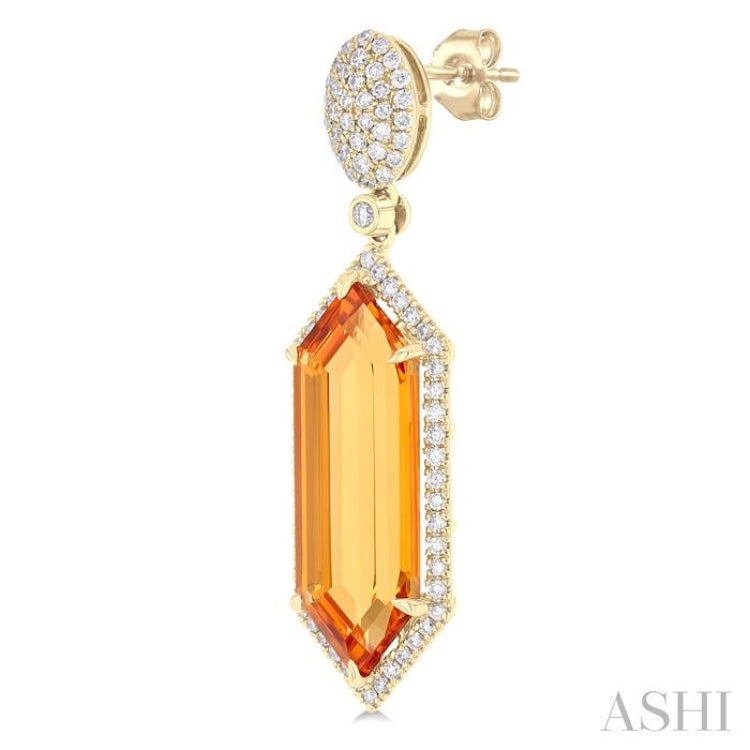 22x8 MM Hexagon Shape Citrine and 7/8 Ctw Round Cut Diamond Halo Semi-Precious Earrings in 14K Yellow Gold